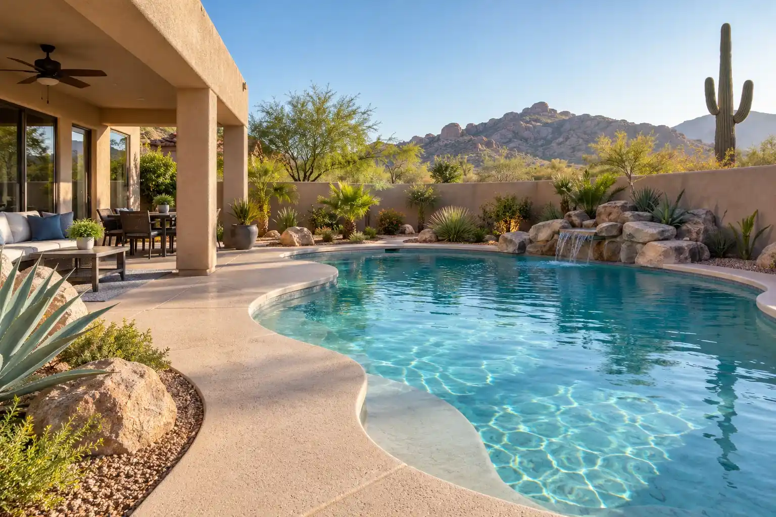 Freeform backyard pool with a sandstone deck, a covered patio, a saguaro and desert mountains behind