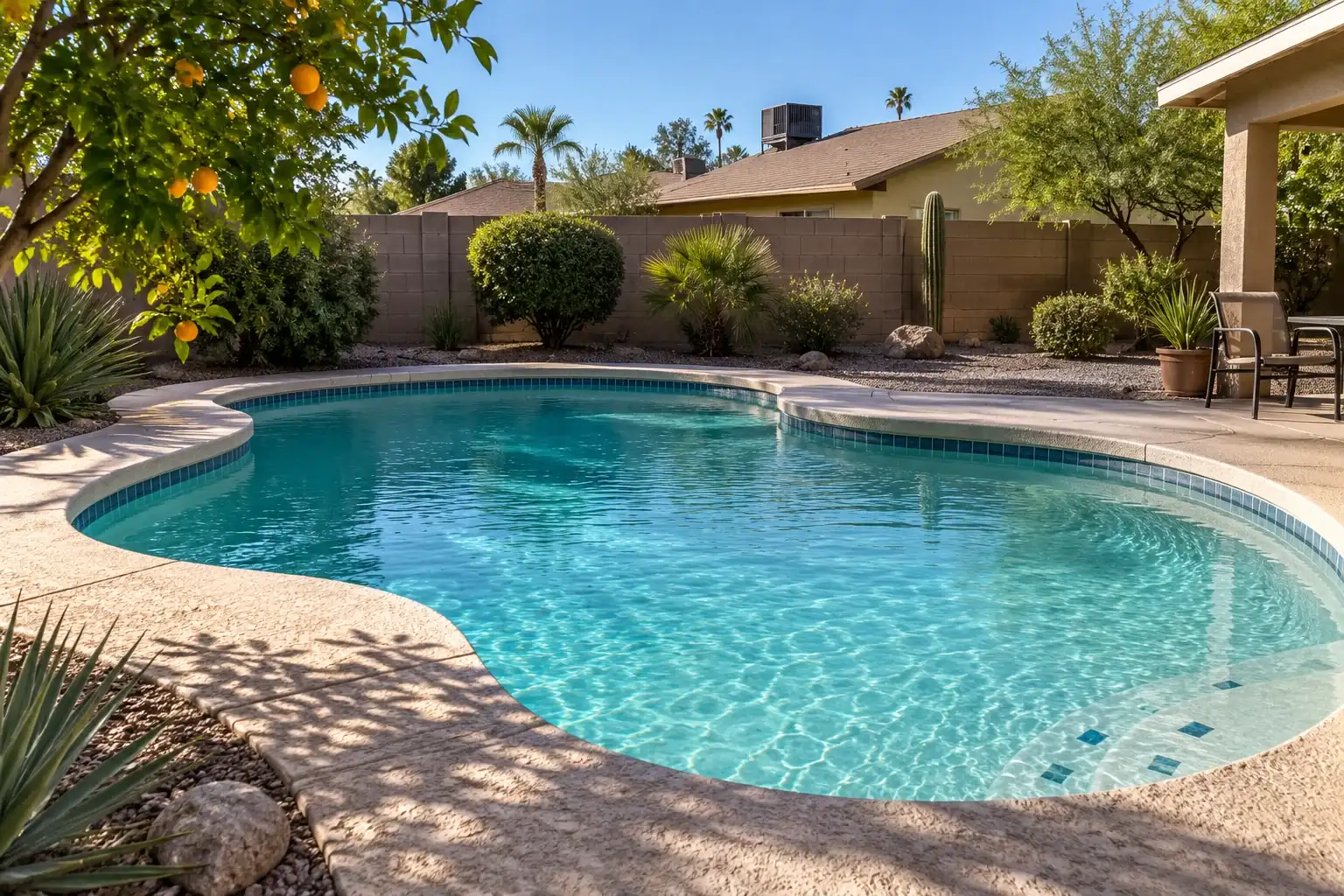 Kidney shaped family backyard pool with a plain plaster finish beside a tile roof home