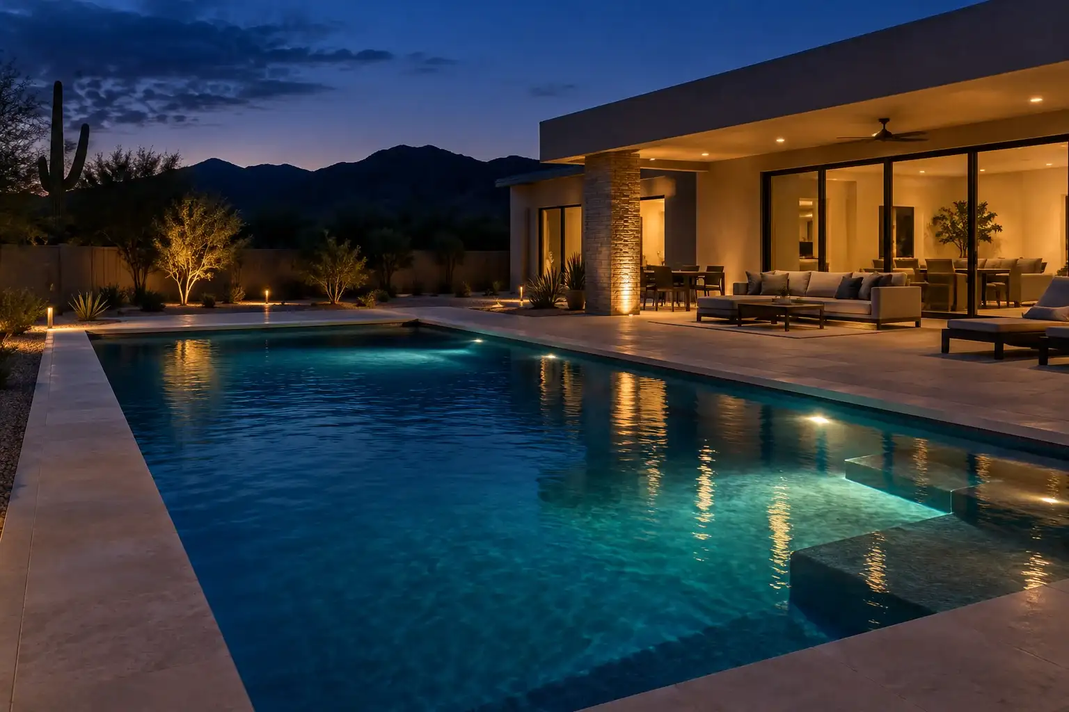 Rectangular pool at dusk with warm underwater lights beside a lit desert home