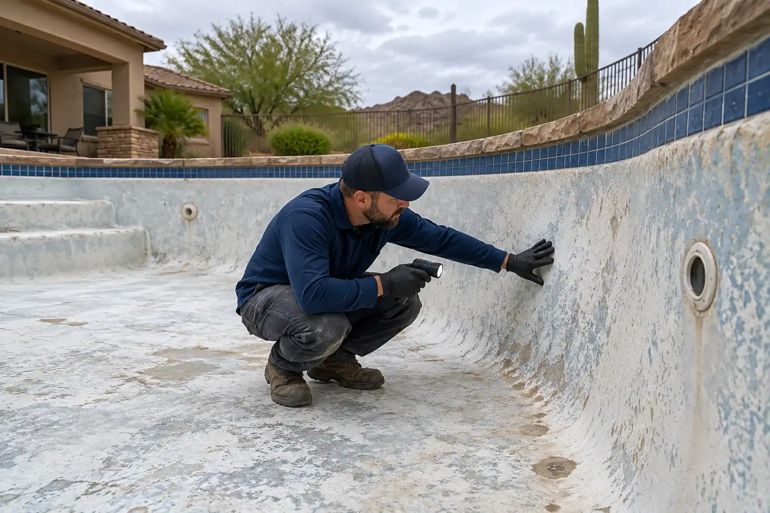 Worker crouching in a drained pool, checking a worn patch of plaster on the wall