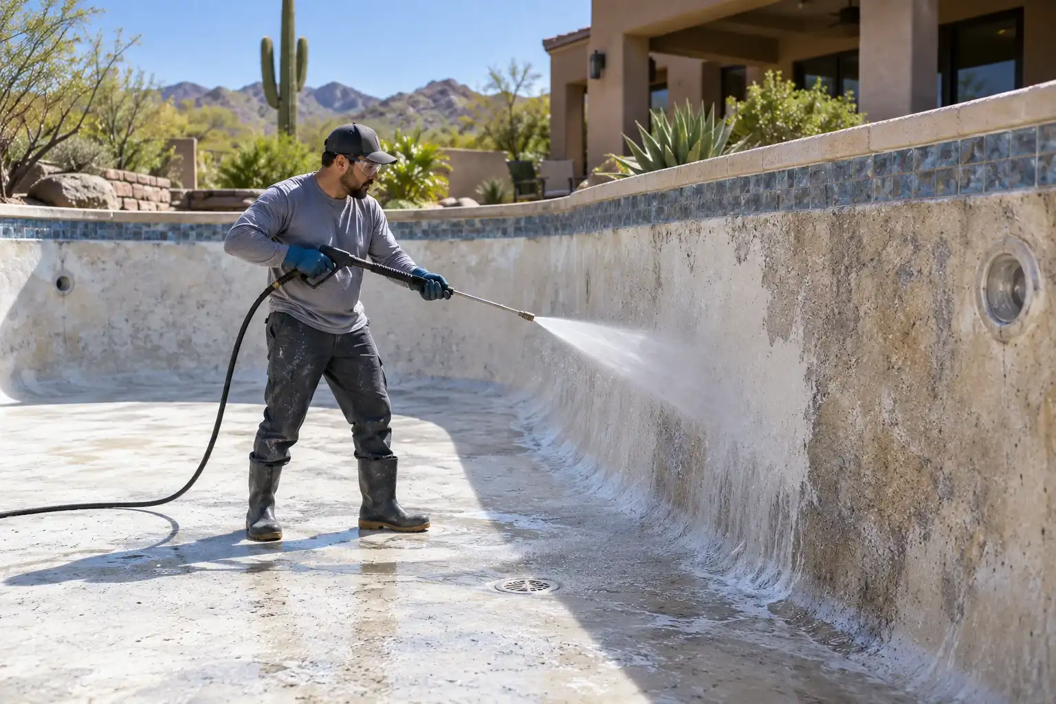 Worker pressure washing the stained wall of a drained pool