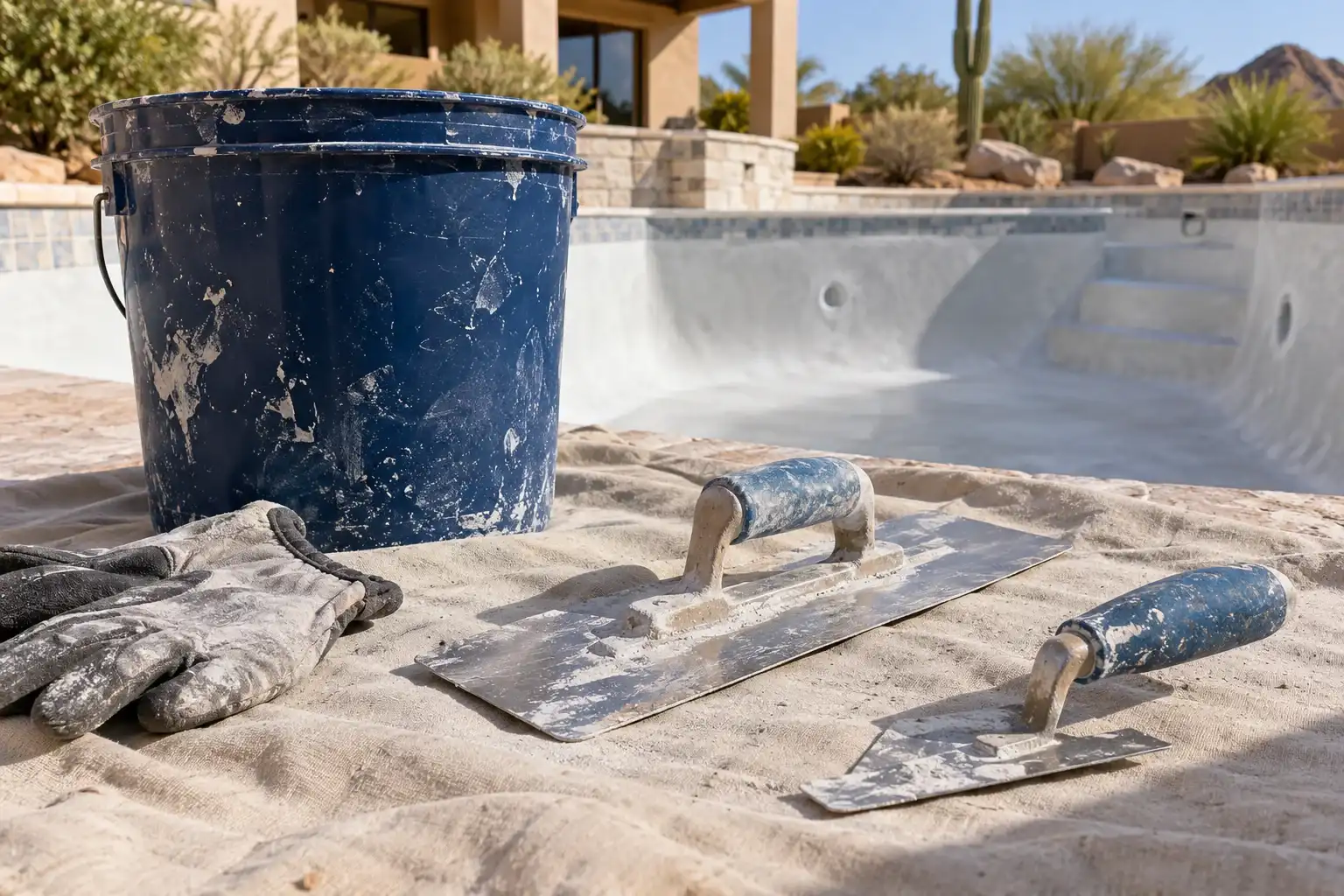 Plaster trowels, gloves and a bucket on the deck beside an empty pool
